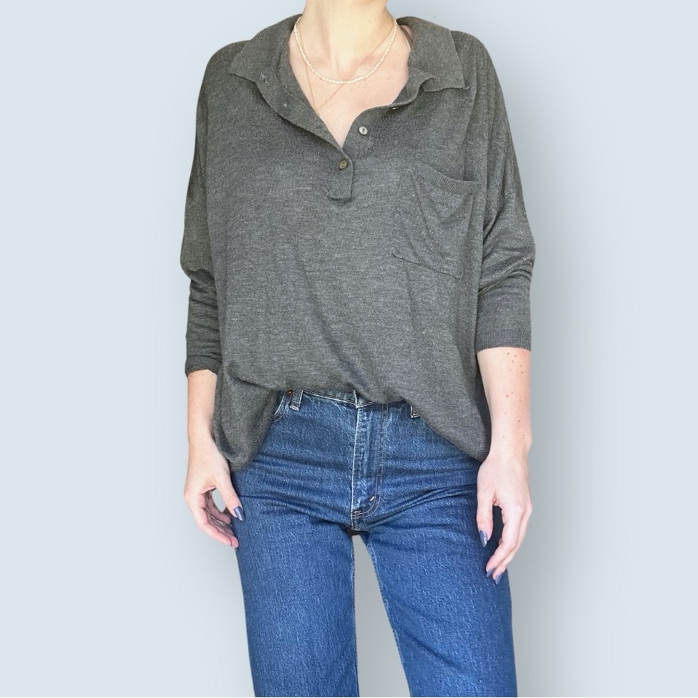 Zara Grey Long Sleeve Polo Sweater Shirt (Size Small)